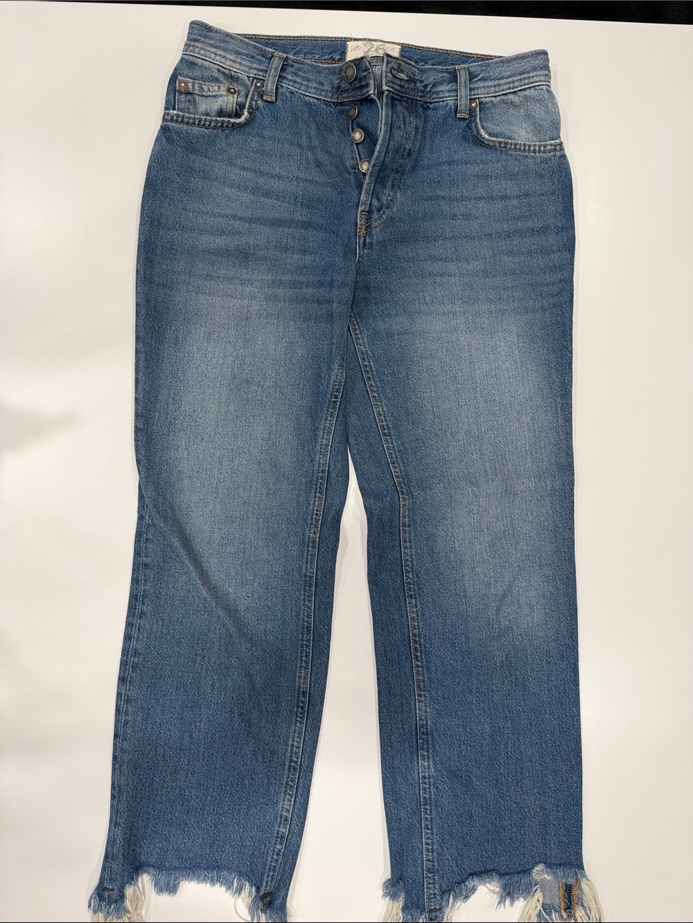 Free People Medium Blue Button Fly Cropped Boyfriend Jeans with Frayed Hem